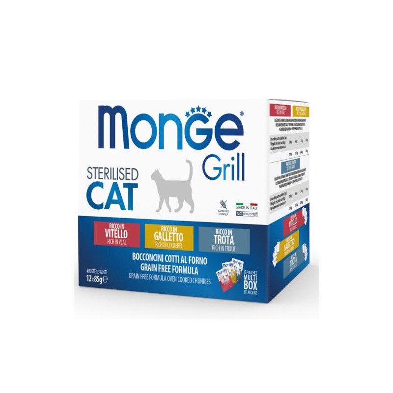 GATTO MONGE GRILL MULTIPACK MIX 85GR STERILISED GAL/VIT/TRO