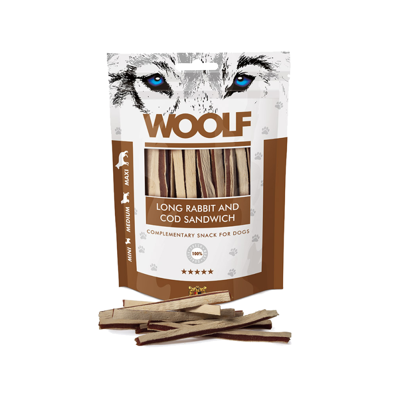 CANE SNACK WOOLF 100GR SANDWICH MORBIDO CONIGLIO MERLUZZO