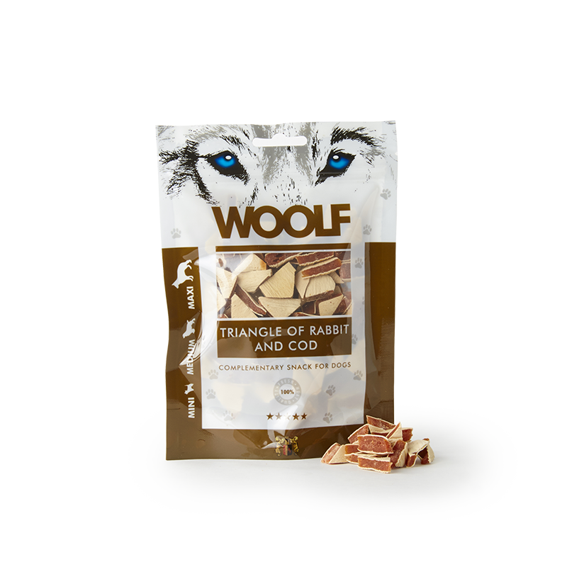 CANE SNACK WOOLF 100GR TRIANGOLINI CONIGLIO MERLUZ