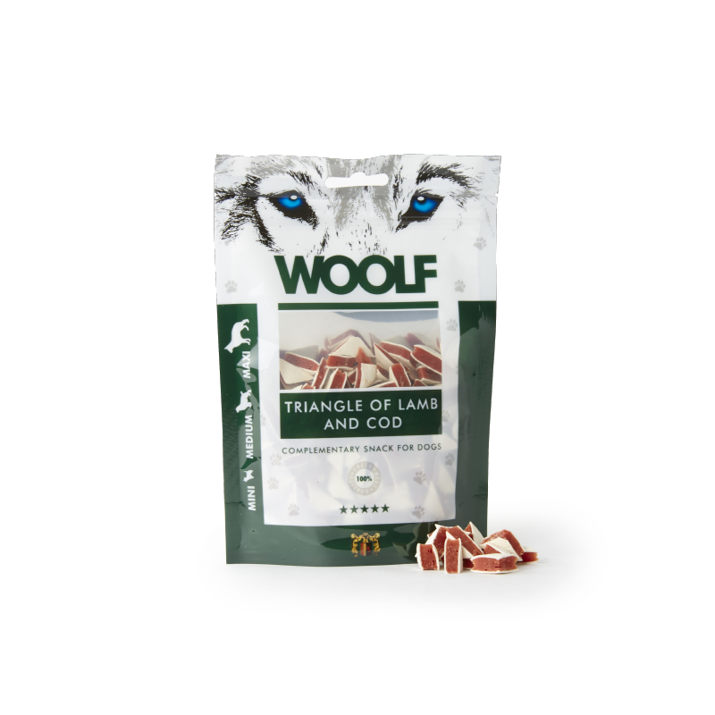 CANE SNACK WOOLF 100GR TRINAGOLI AGNELLO MERLUZZO