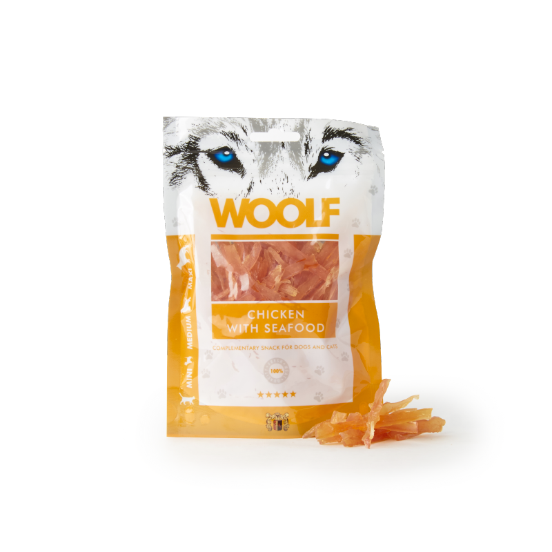 CANE SNACK WOOLF 100GR POLLO CON FRUTTI DI MARE