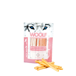 CANE SNACK WOOLF 100GR SANDWICH LUNGO POLLO MERLUZ