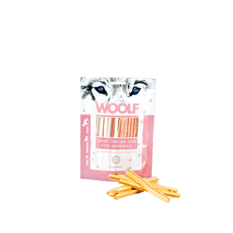 CANE SNACK WOOLF 100GR SANDWICH LUNGO POLLO MERLUZ