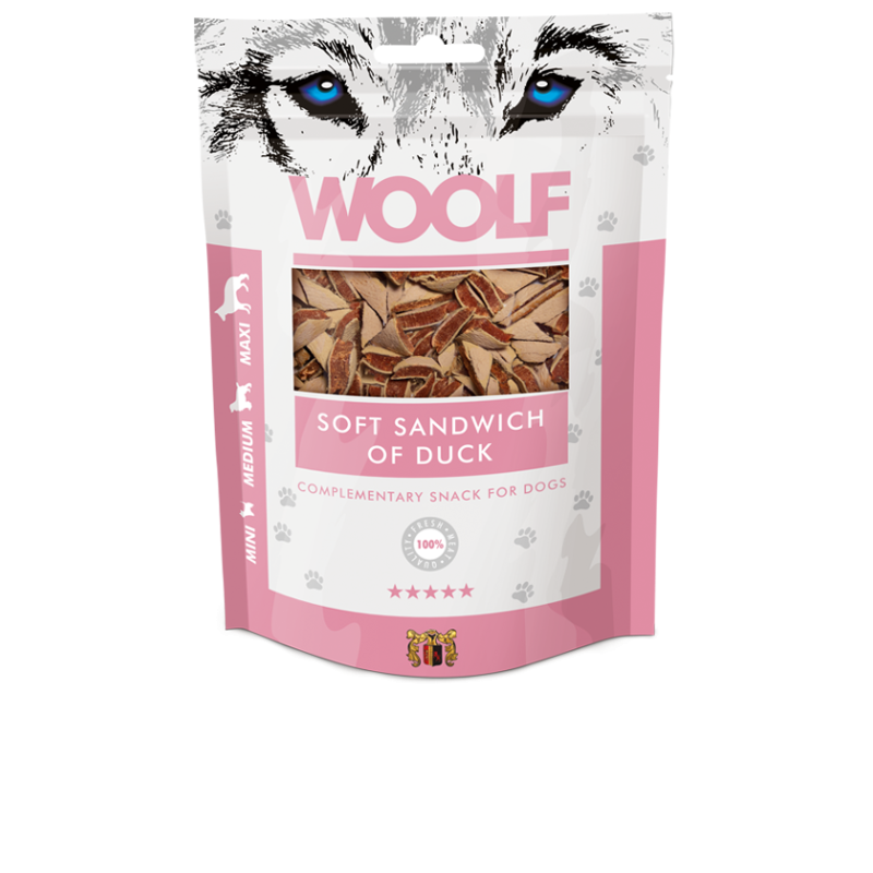 CANE SNACK WOOLF 100GR SANDWICH ANATRA E MERLUZZO