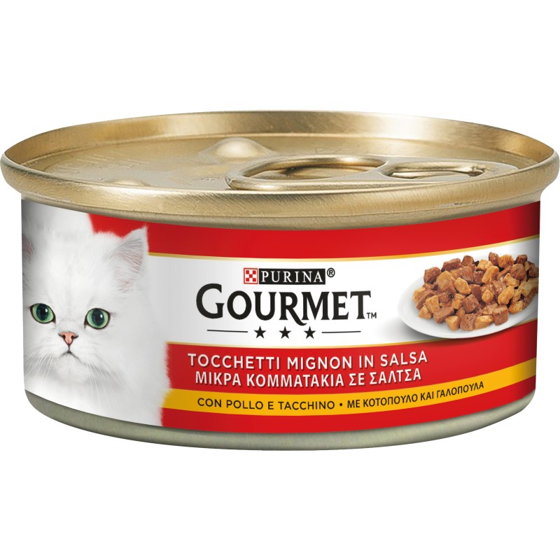 GATTO GOURMET ROSSE 195GR TOCCHETTI MIGNON CON POLLO E TACCHINO