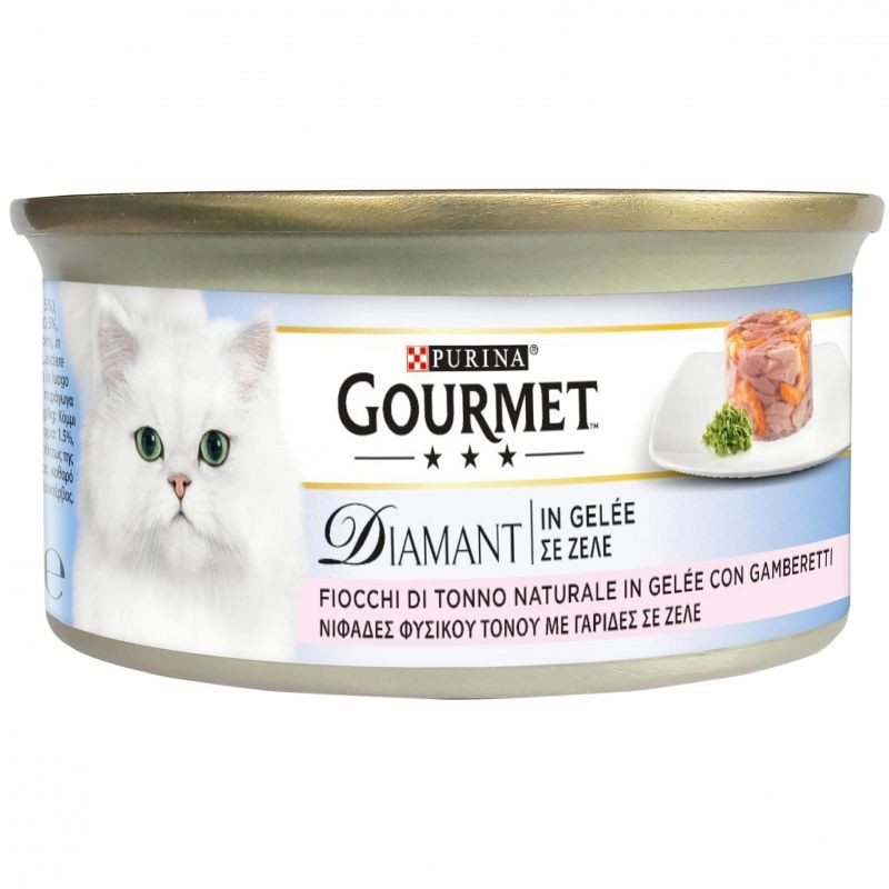 GATTO GOURMET DIAMANT 85GR FIOCCHI DI TONNO IN GELÉE CON GAMBERETTI