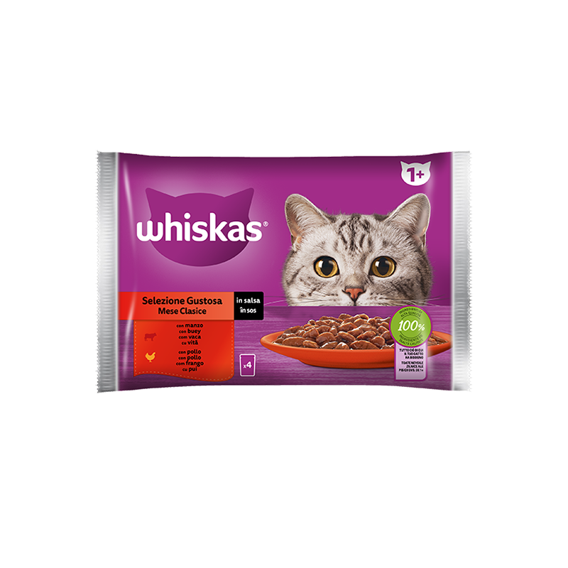 GATTO WHISKAS STRACCETTI 4X85GR GUSTOSO