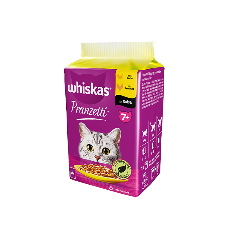 GATTO WHISKAS PRANZETTI 7+ 6X50GR SALSA CARNI BIANCH