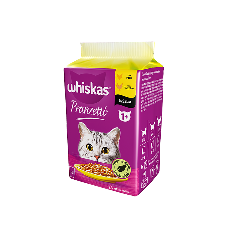 GATTO WHISKAS PRANZETTI 1+ 6X50GR SALSA CARNI BIANCH