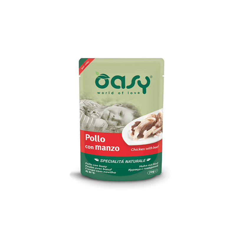 GATTO OASY NATURALE 70GR BUSTA POLLO MANZO